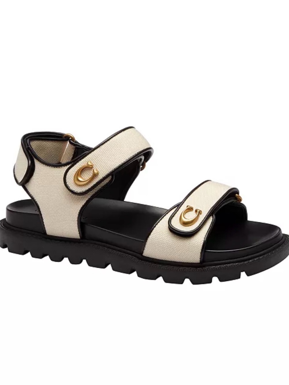 Brynn Round Toe Sandals
Coach Ivory Canvas and Black Trim Sandal with Gold Hard